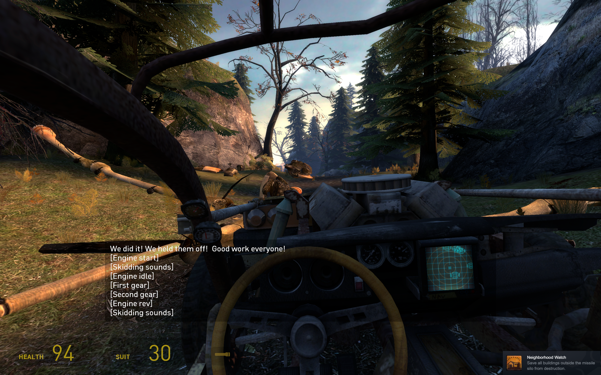 A screenshot of the game at the end of the Combine offensive. The icon for the Neighborhood Watch achievement is in the corner.