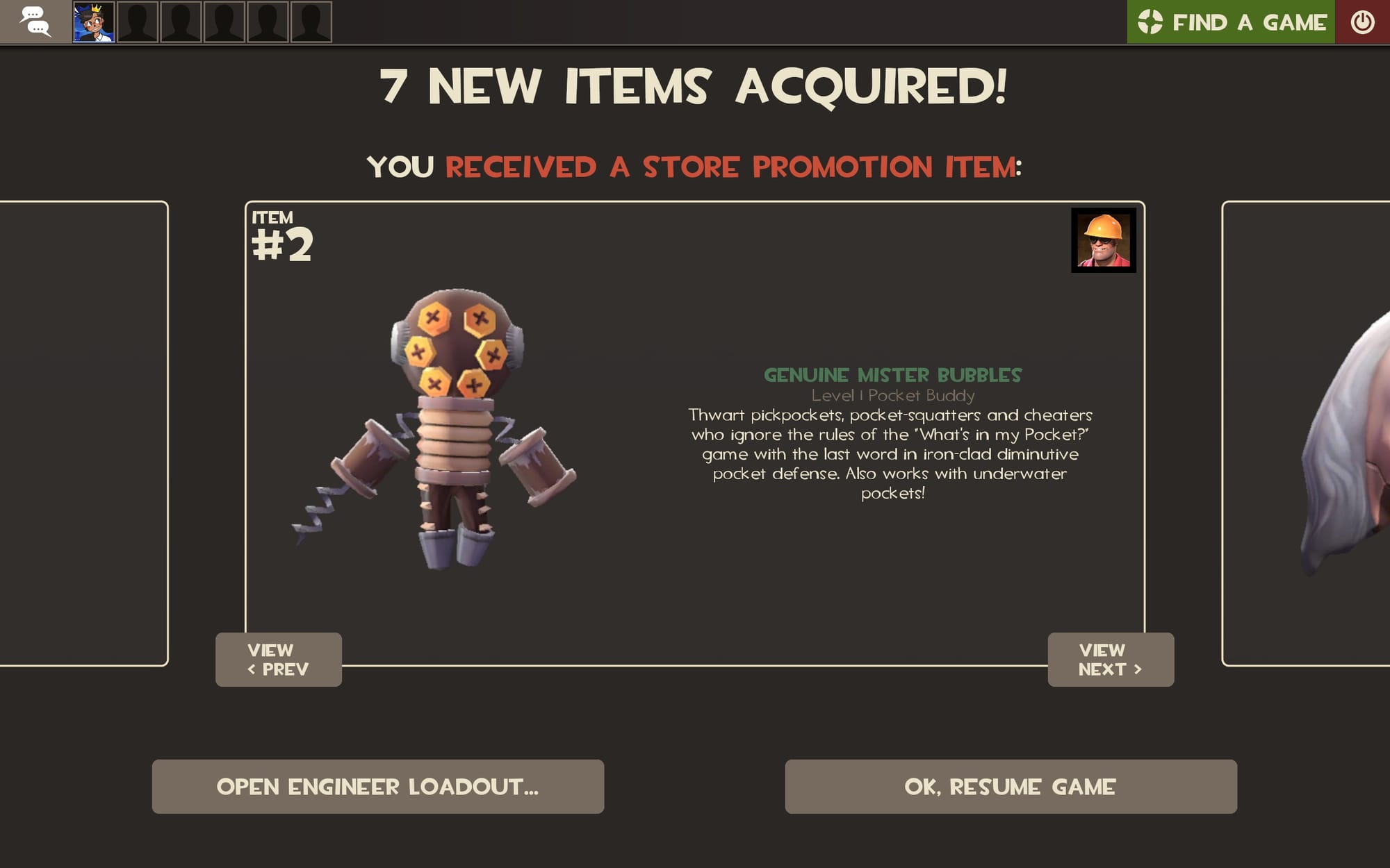 A screenshot of my TF2 account after I opened it for the first time, focused on the Mister Bubbles cosmetic, a plushie based on the Big Daddies from Bioshock.