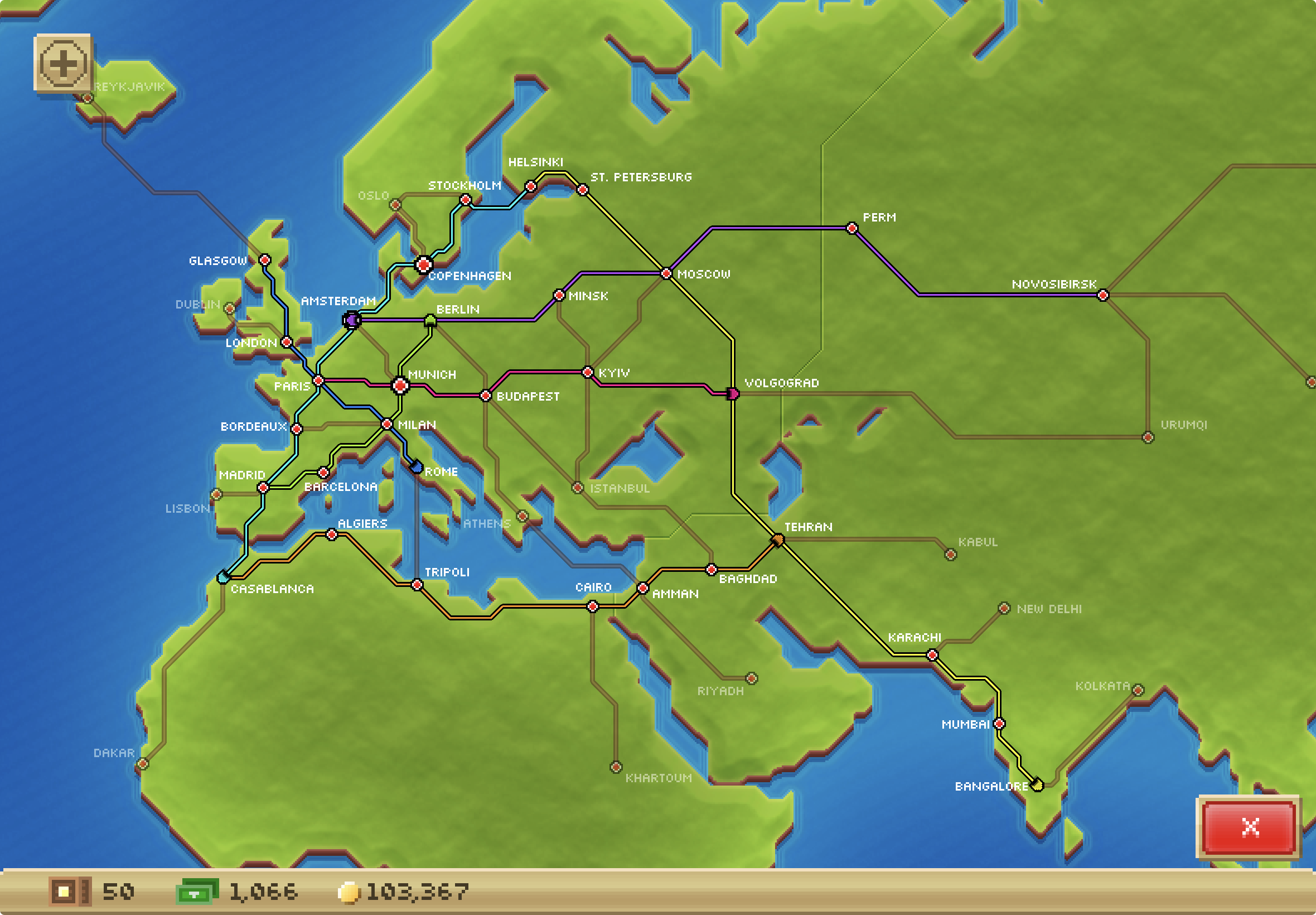 My Pocket Trains map as of 2025-10-29. It covers most of Europe, North Africa, and the coast of the Arabian Sea.