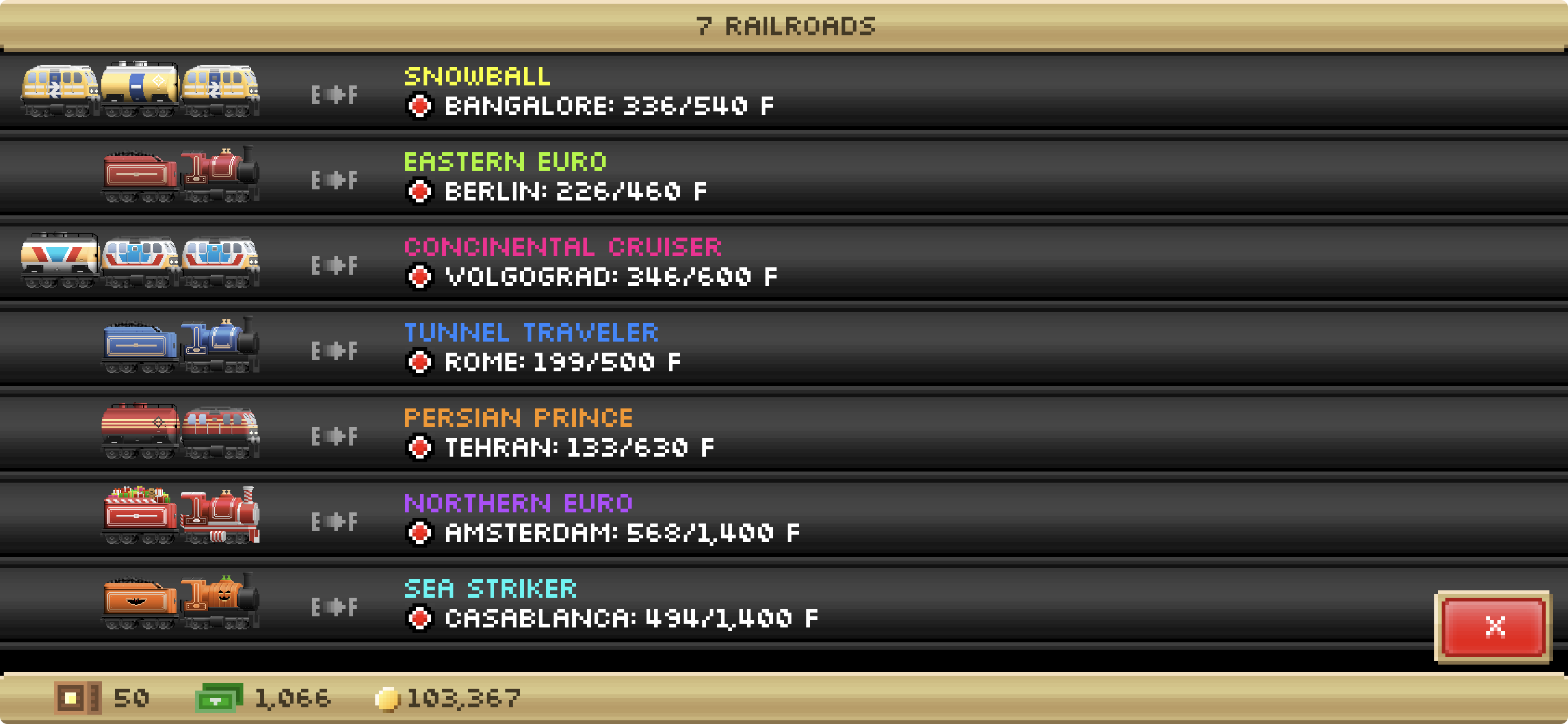 My seven current railroads in Pocket Trains. It features two standard steamers, two special seasonal steamers, and three express trains.