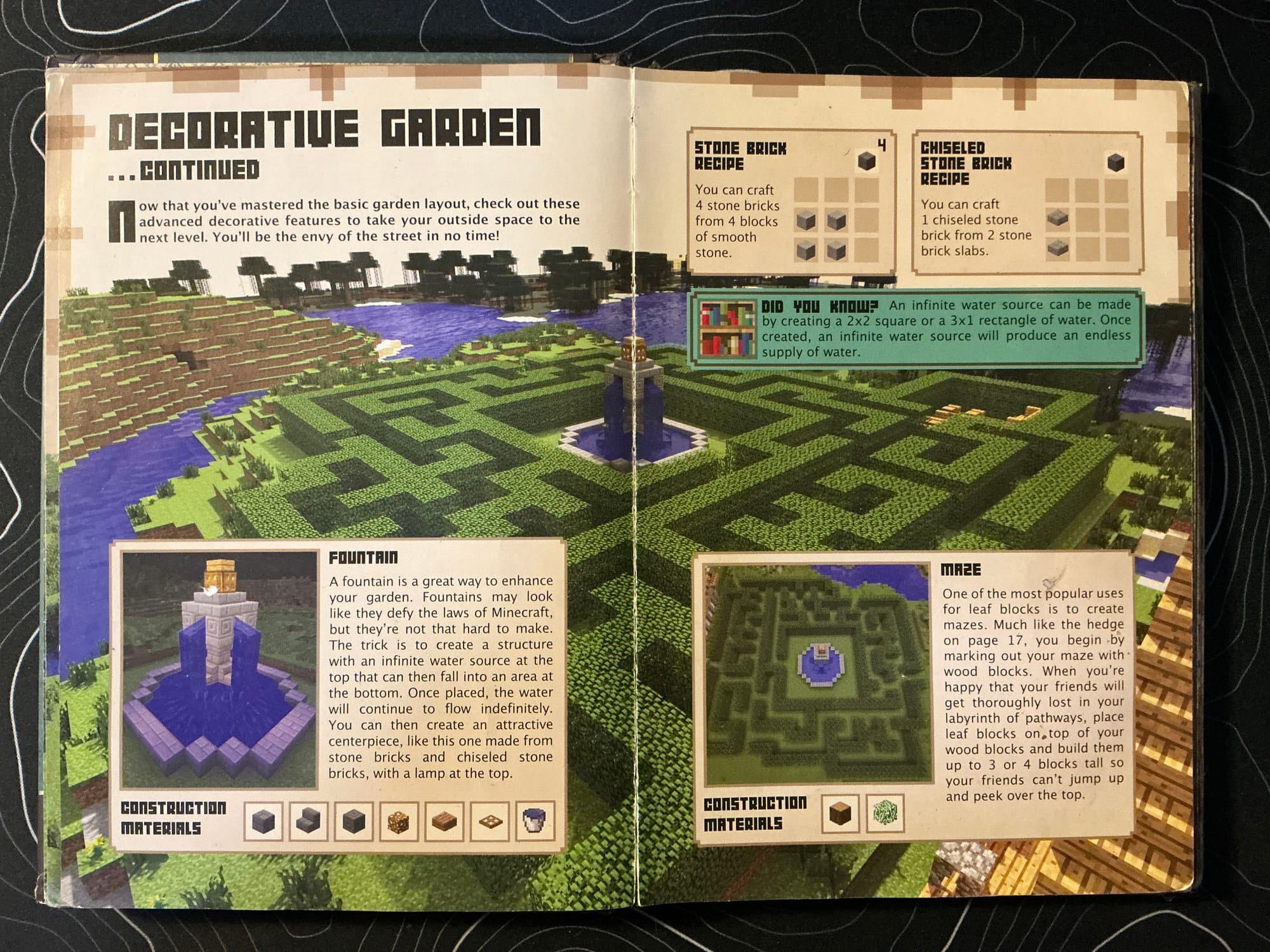An image of the Decorative Garden pages of the Minecraft Handbook, one of the buildings I liked the most and was obsessed with recreating since I first got the game.
