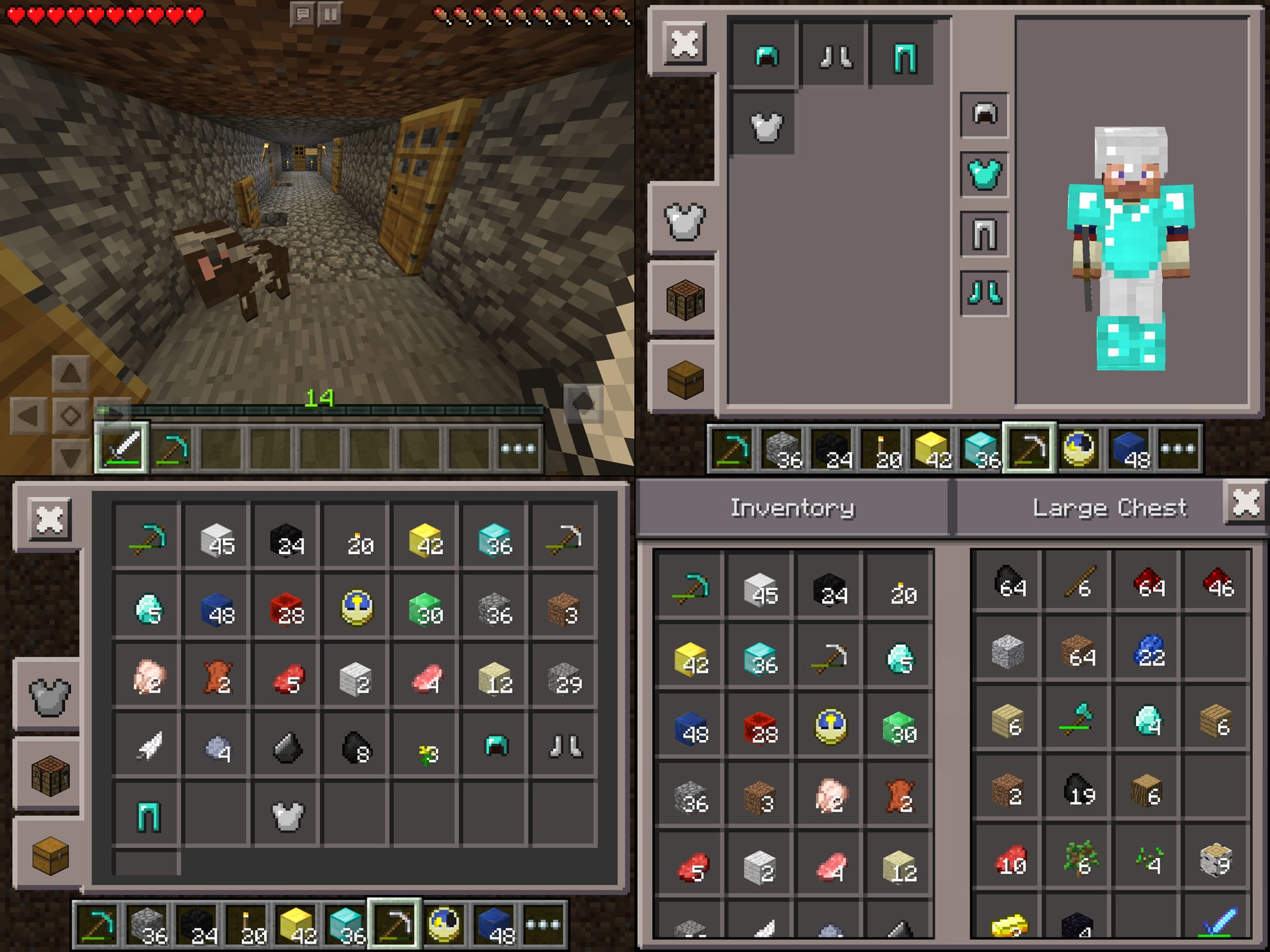 A set of three screenshots of Minecraft: Pocket Edition v0.13.1 alpha. Showing a long cobblestone hall with doors, me with iron and diamond armour, and an inventory and chest full of valuables.
