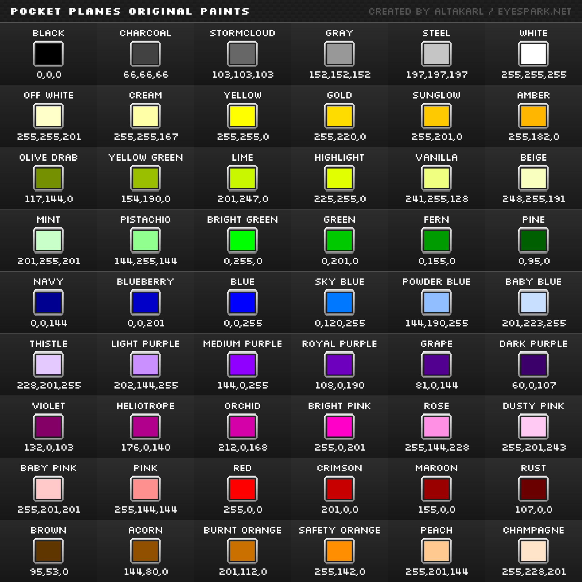 Image showcasing all 54 original Pocket Planes paints.
