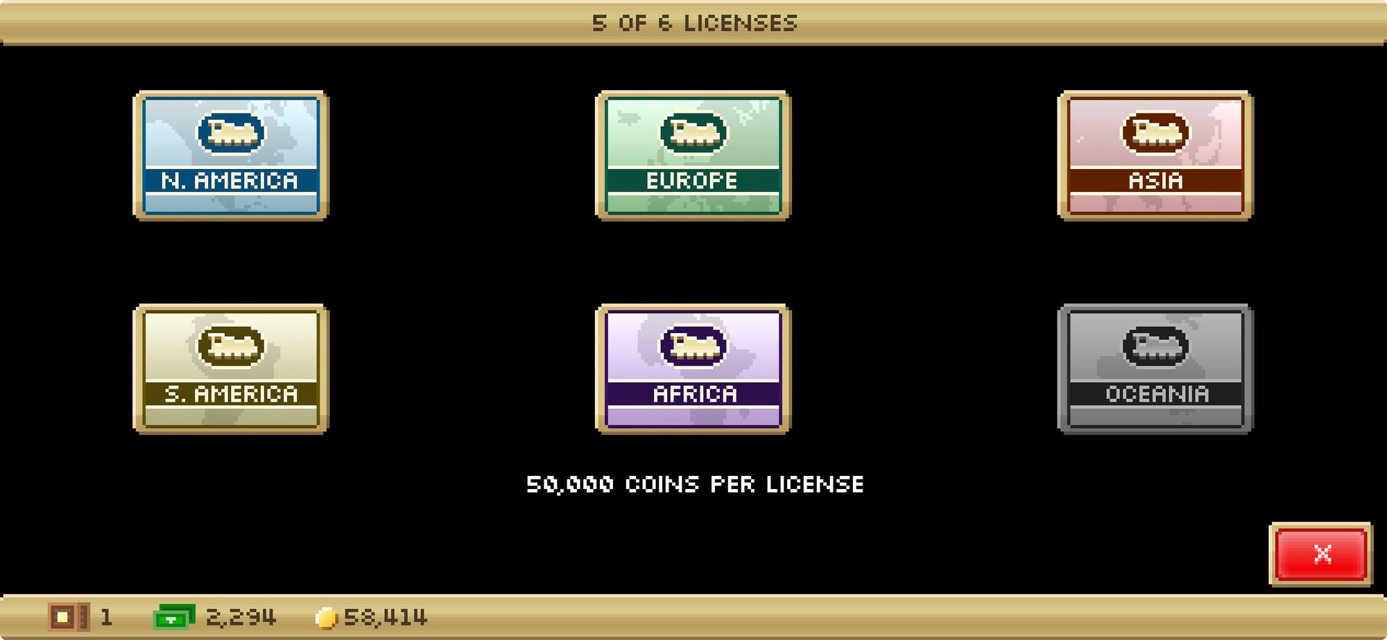 The licenses screen of the game, showing how I have 5 of 6 licenses. All of them except for Oceania.