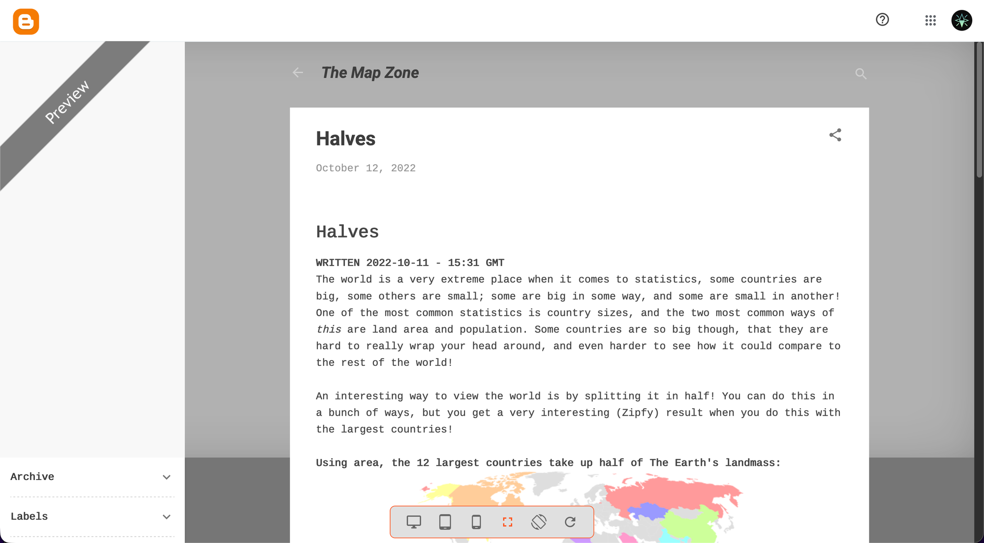 A screenshot of the first entry on The Map Zone, titled "Halves", showing two maps highlighting the countries that make up half of the world's area and population.