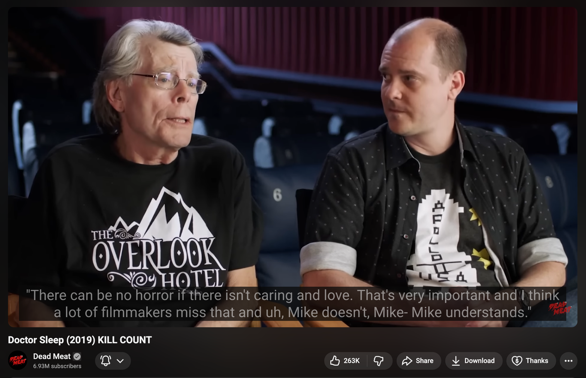 A screenshot of Stephen King in Dead Meat's Doctor Sleep (2019) Kill Count. King says "There can be no horror if there isn't caring and love."