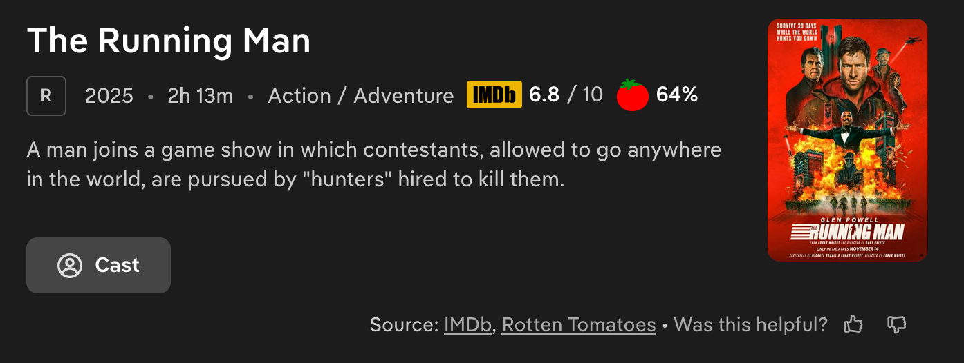 A screenshot of a search for The Running Man. It shows that IMDB rates it a 6.8/10, and Rotten Tomatoes a 64%.