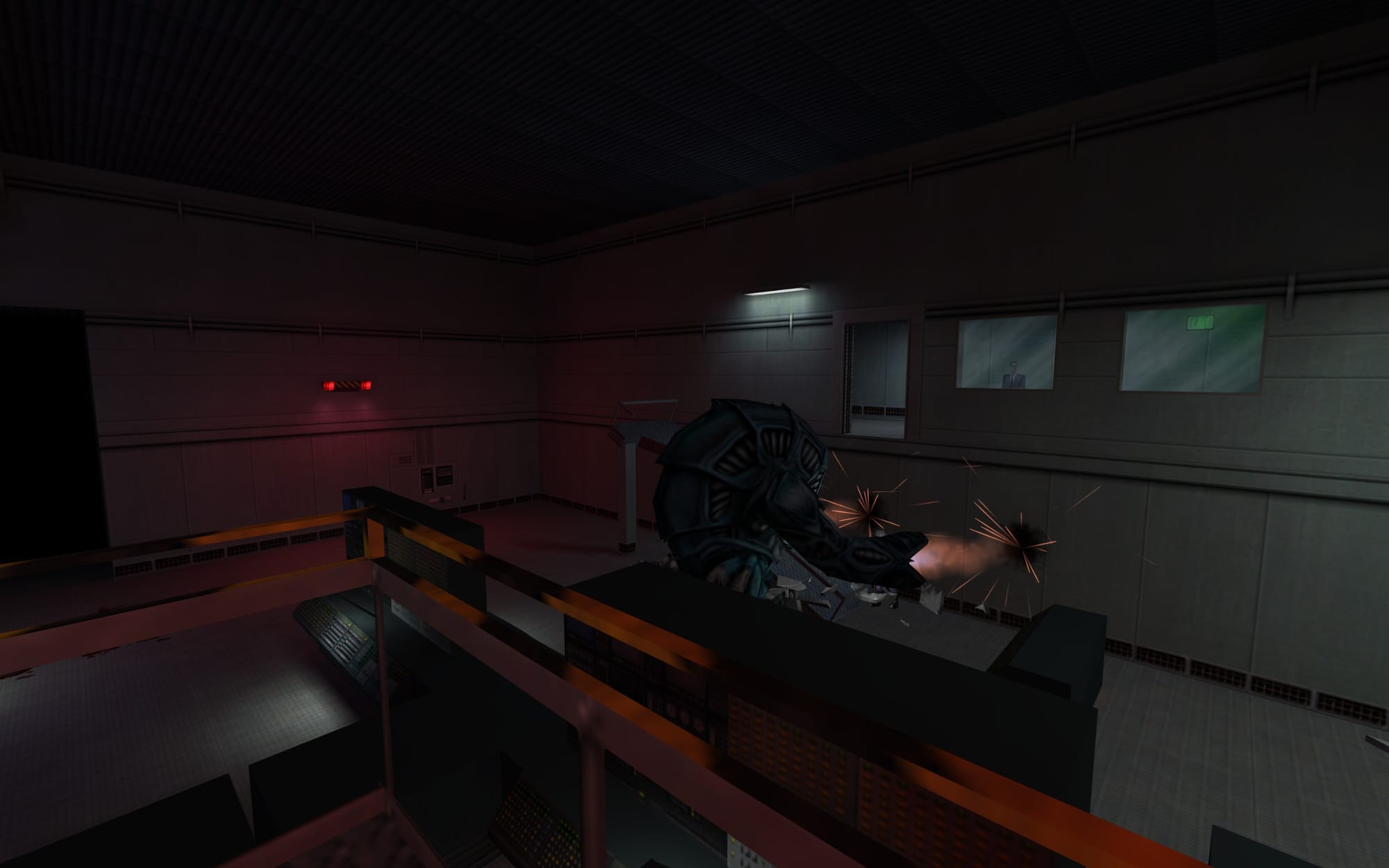 A Gargantua blasting at a Security Guard in the end of Half-Life: Uplink. The G-Man is seen in the background.