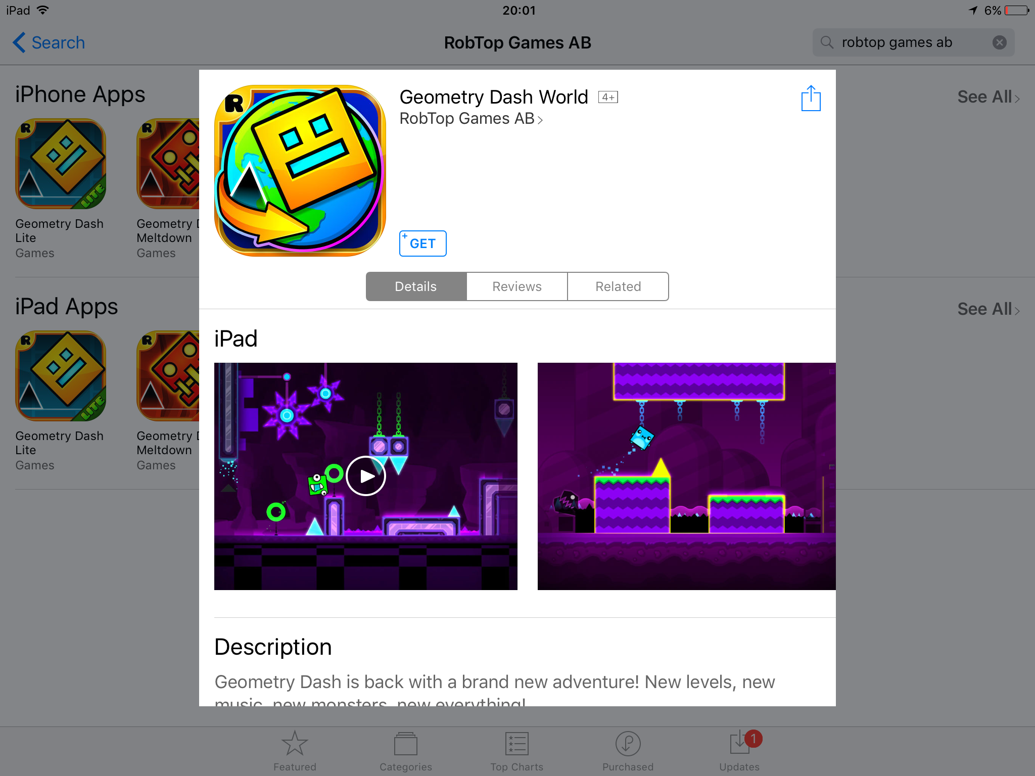 A screenshot of the App Store the day Geometry Dash World came out.
