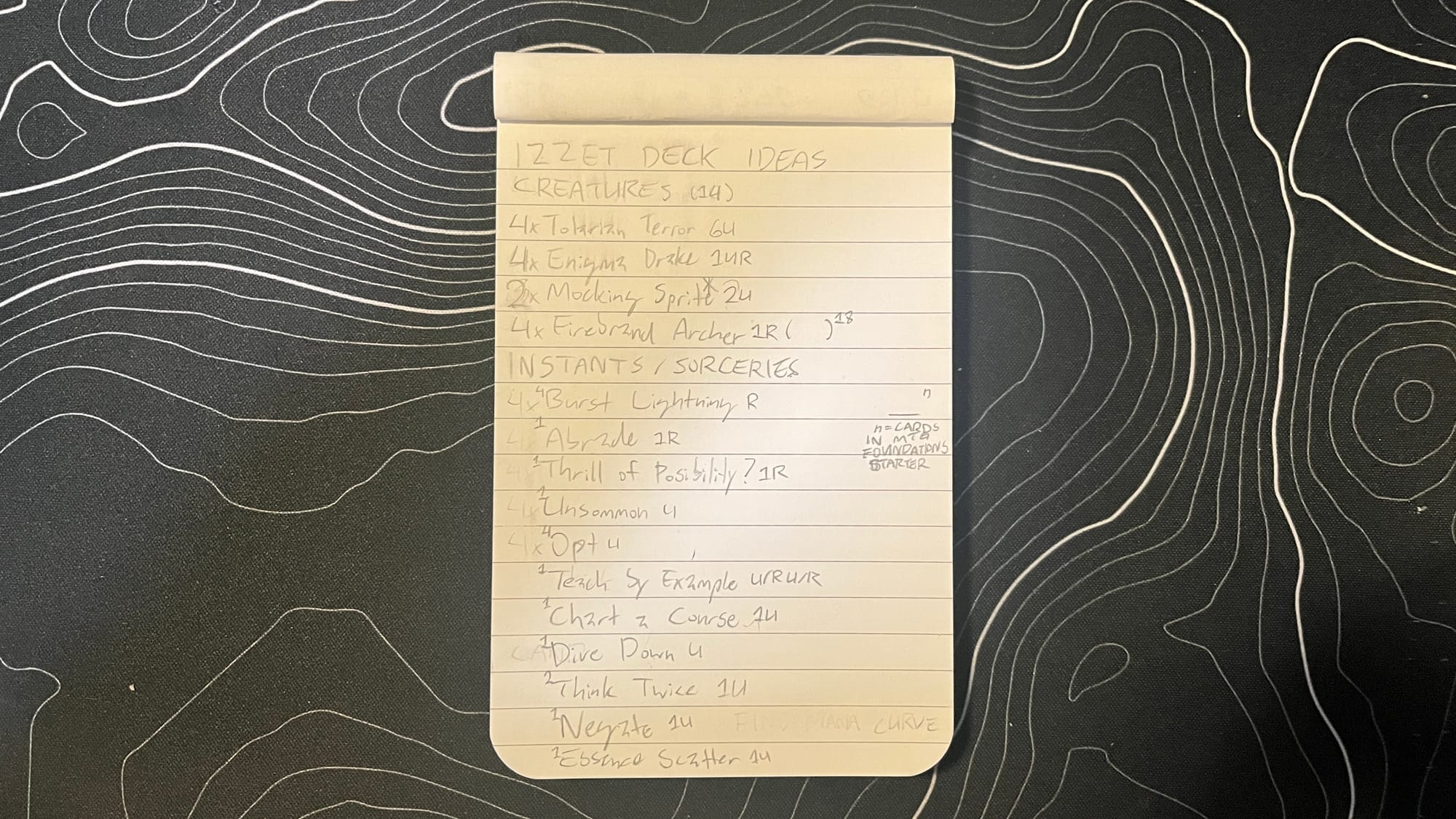 A notepad showing a list of cards I was considering for my Magic: The Gathering deck.