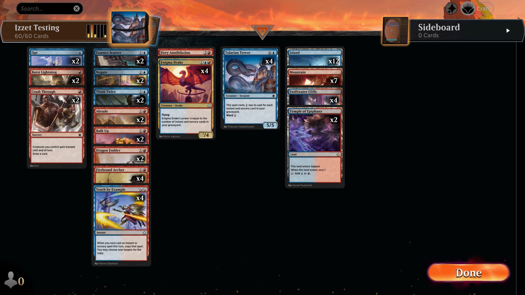 A screenshot of my first Izzet deck in Magic: The Gathering Arena.