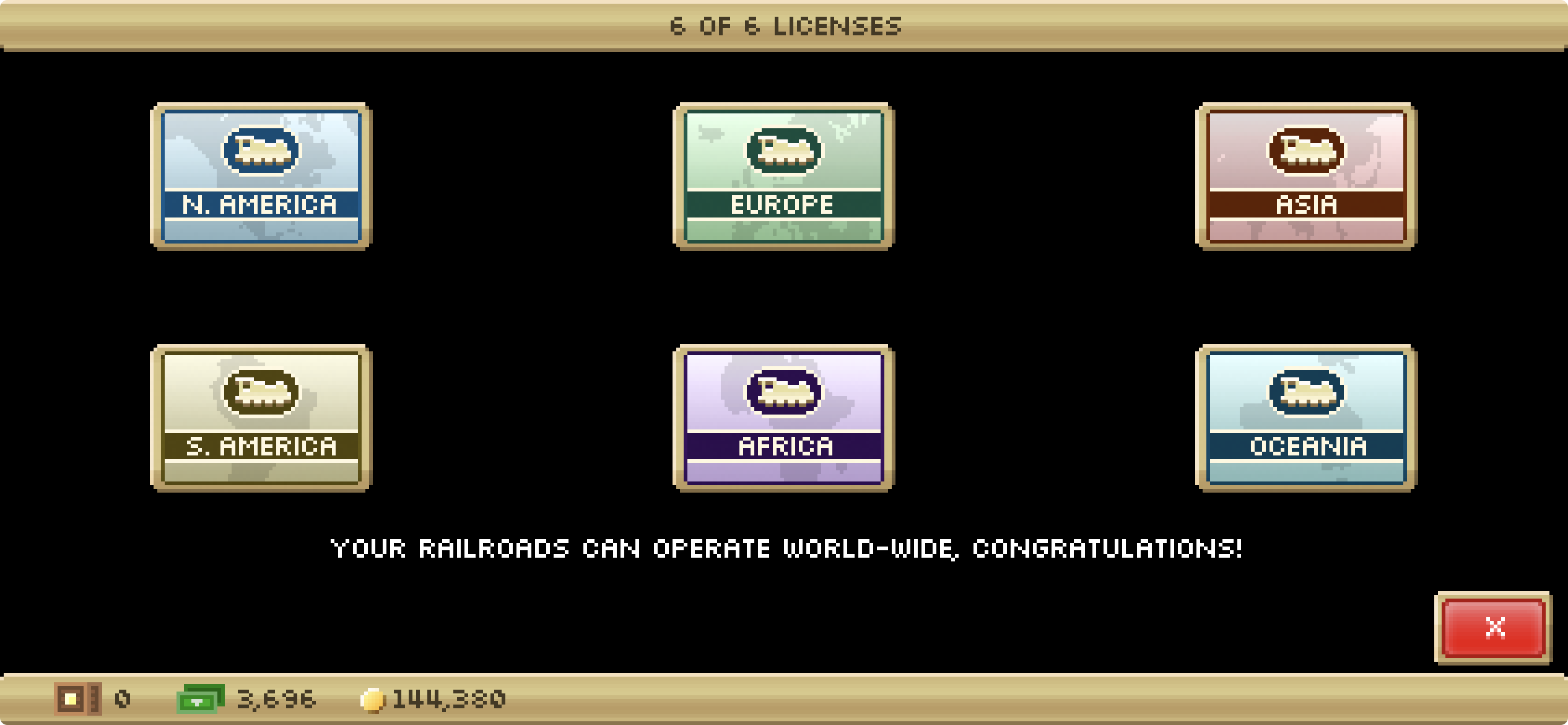 The licenses screen of the game, showing how I have unlocked all of them for all 6 continents!