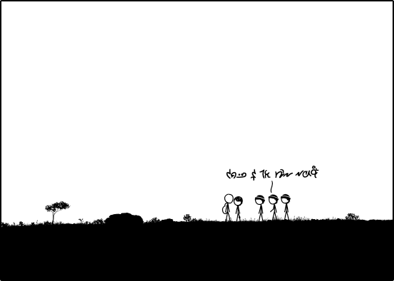 Frame 2664 of xkcd's Time, showing a character speaking in Beanish, an as of now un-deciphered constructed language.