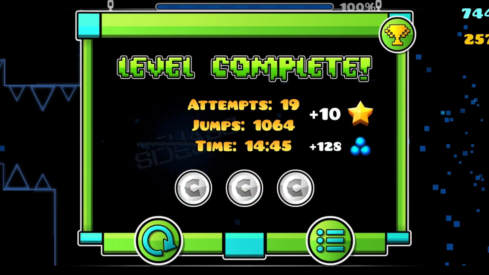 A screenshot of the Level Complete screen of my video on Sidestep by ChaSe. The end wall and star/orb counts are slightly cut off.