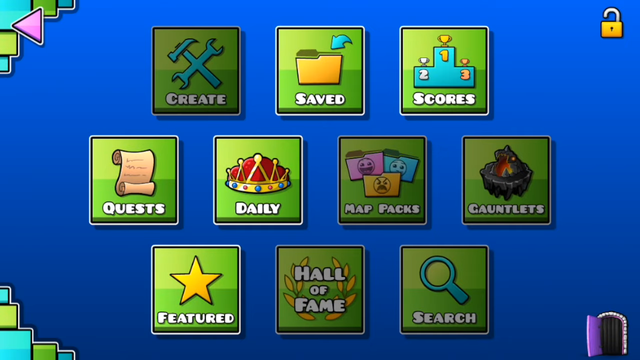 The menu of Geometry Dash World at the time of release. With new options being Quests and Daily, and the locked Gauntlets and Hall of Fame.