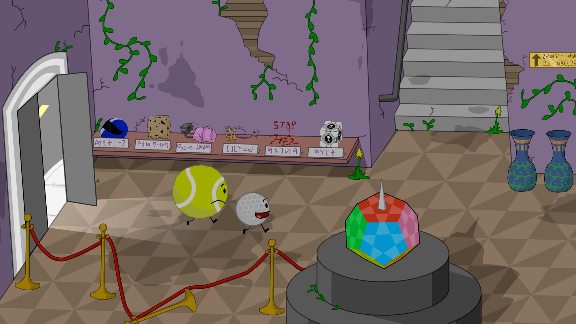 A screenshot from IDFB 1 by jacknjellify, of Tennis Ball and Golf Ball in the Yoyle City Science Museum. A bunch of signs and text are in Yoylese.