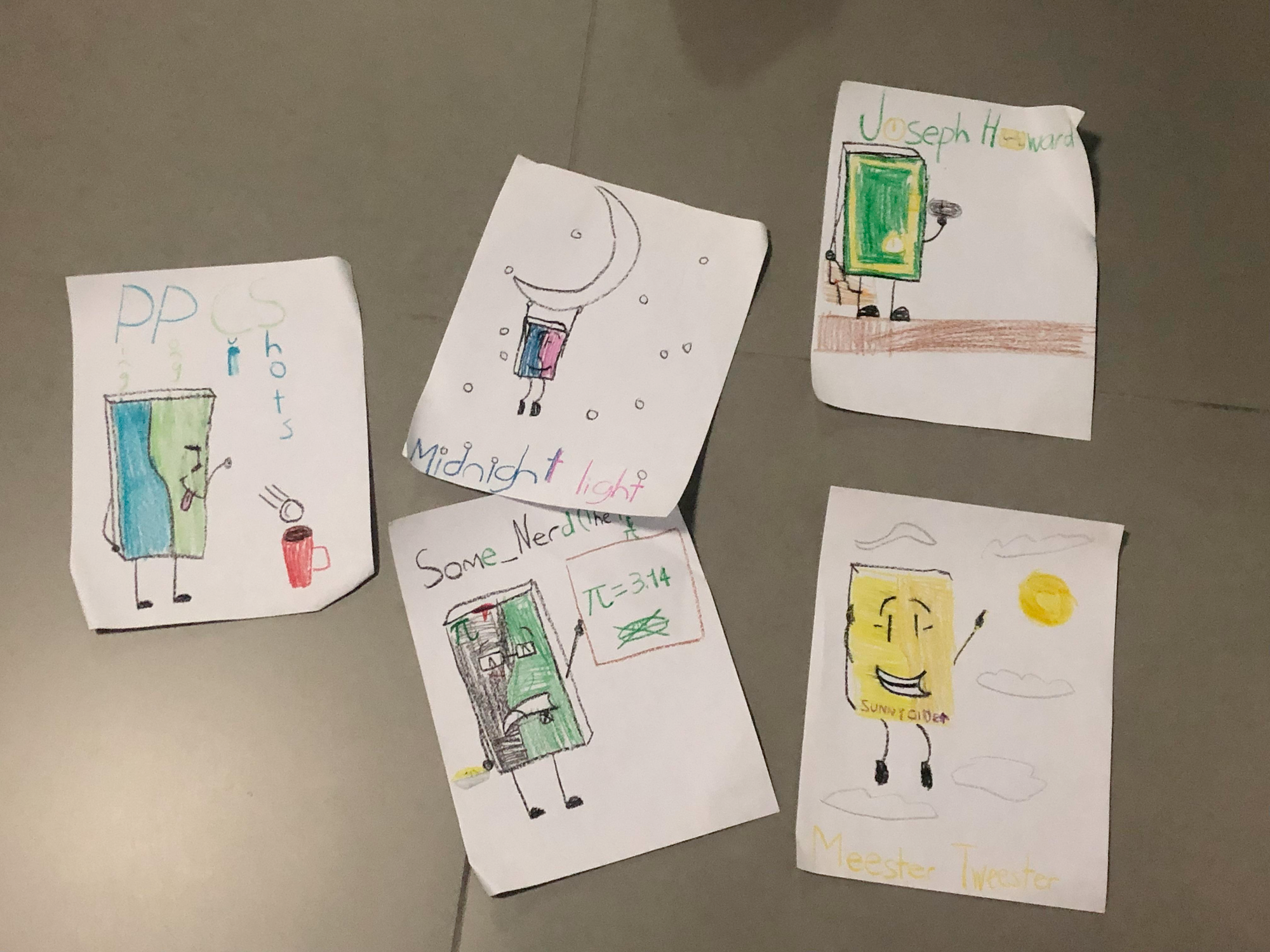 Fan art I made of TWOWers Ping Pong Cup Shots, Midnight Light, some_nerd, Meester Tweester, and Joseph Howard, around the time of TWOW 15A.