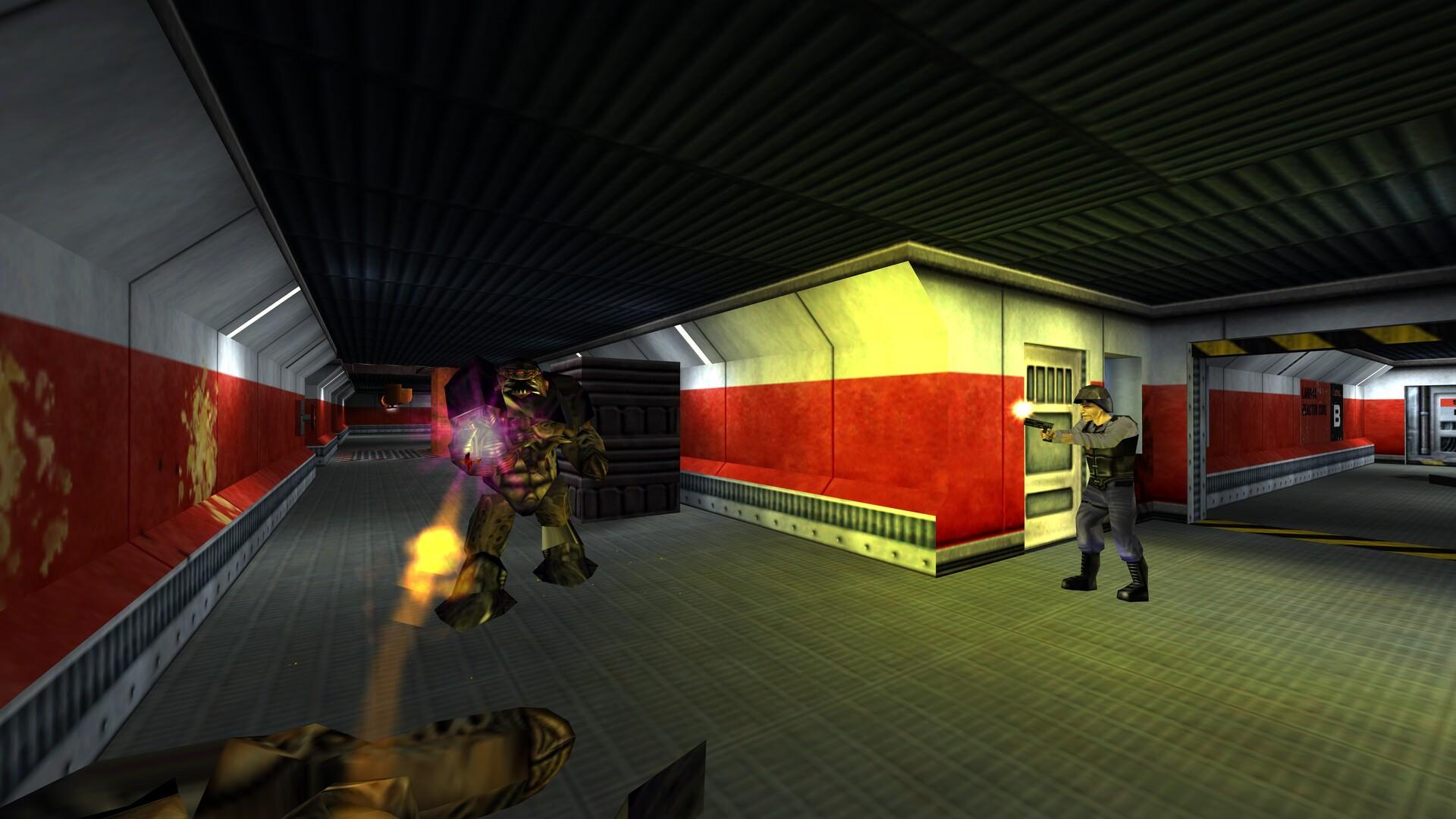 A screenshot of Half-Life: Legacy. It features an Alien Grunt shooting at the player, while a Security Guard shoots the grunt. The gun emits a lighting effect.