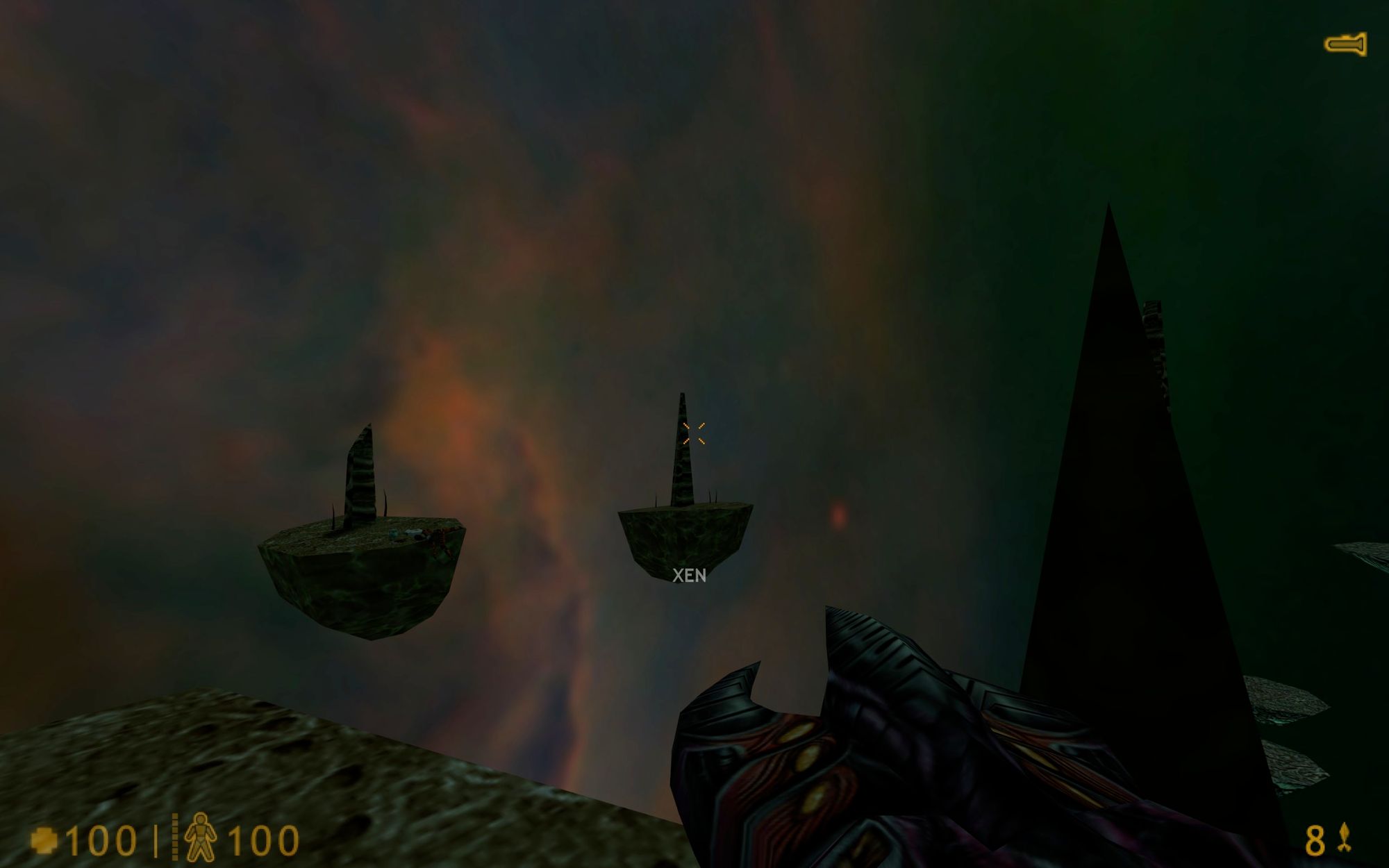 The view from when you first enter Xen. You're in a small island with two similarly small islands in view.