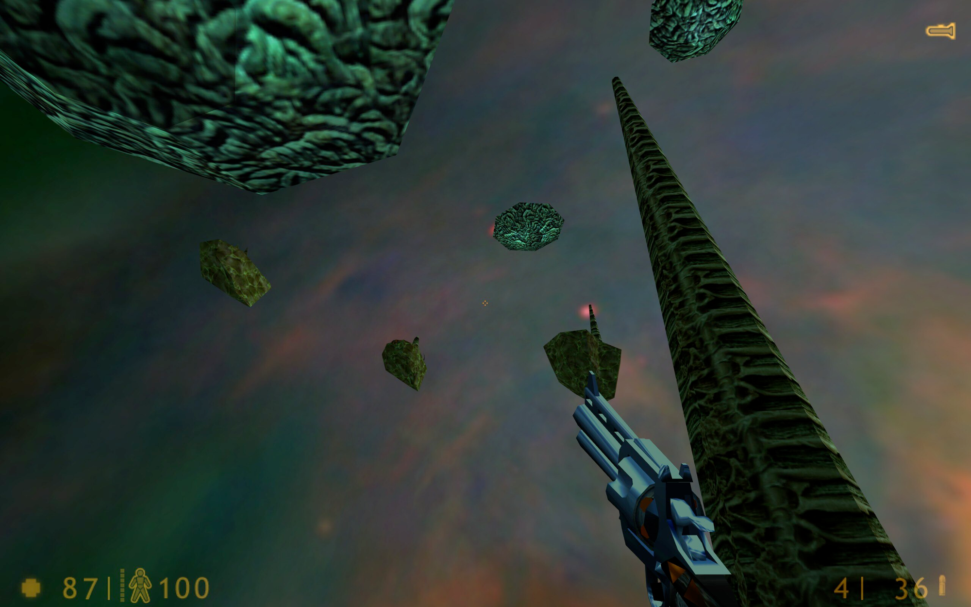 A screenshot from the main island of Xen, showing a lot of the smaller islands floating above it.