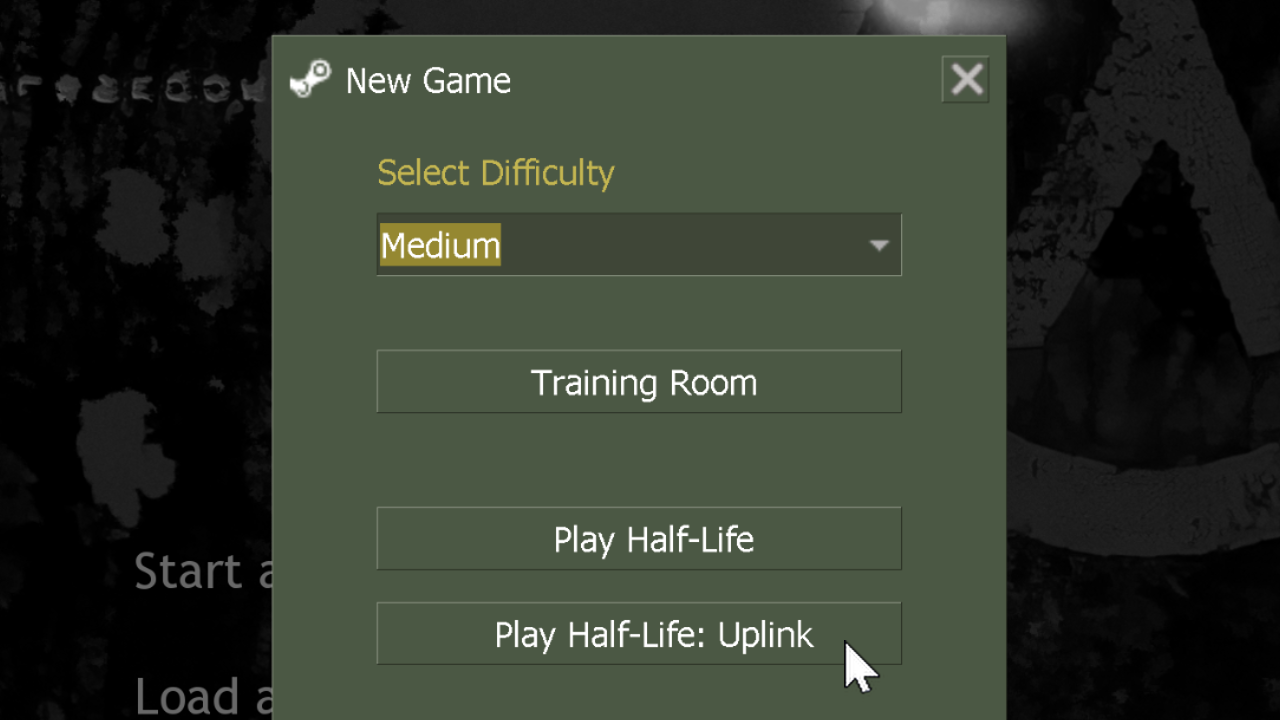 The menu of Half-Life on Steam after the 25th anniversary update. The New Game menu is selected, and a cursor is shown above the button to "Play Half-Life: Uplink".