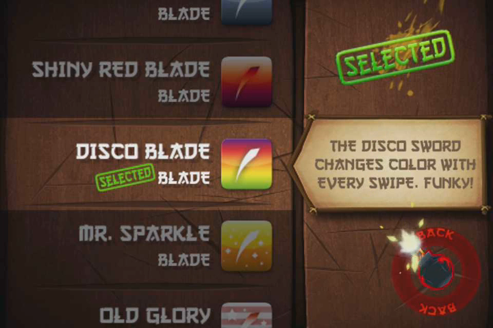 The original Sensei's Swag menu on Fruit Ninja, focused on the Disco Blade.
