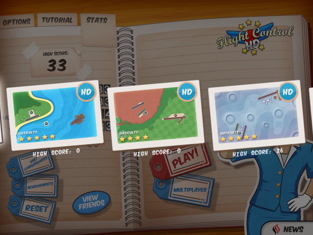 Level select menu of Flight Control HD, featuring some maps exclusive to the version.