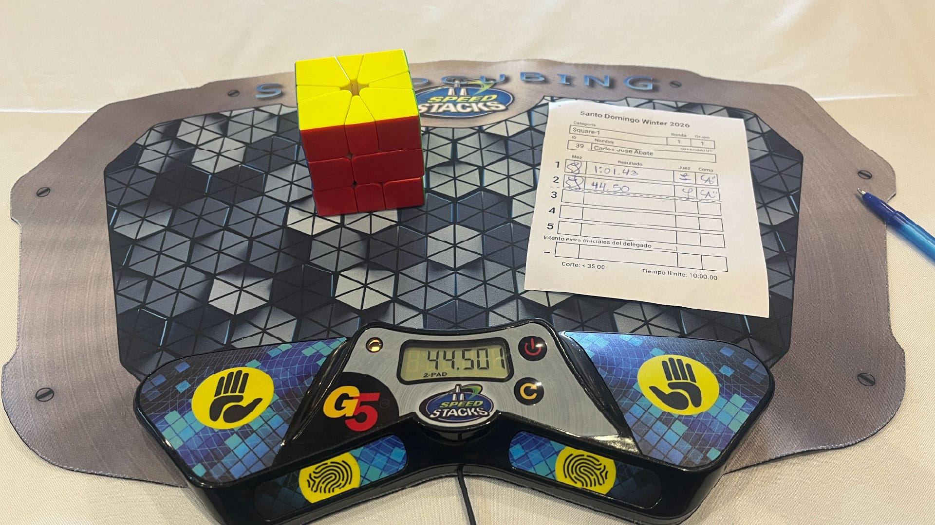 My two Square01 solves in SD Winter 2026. A 1:01.43 and a 44.50.