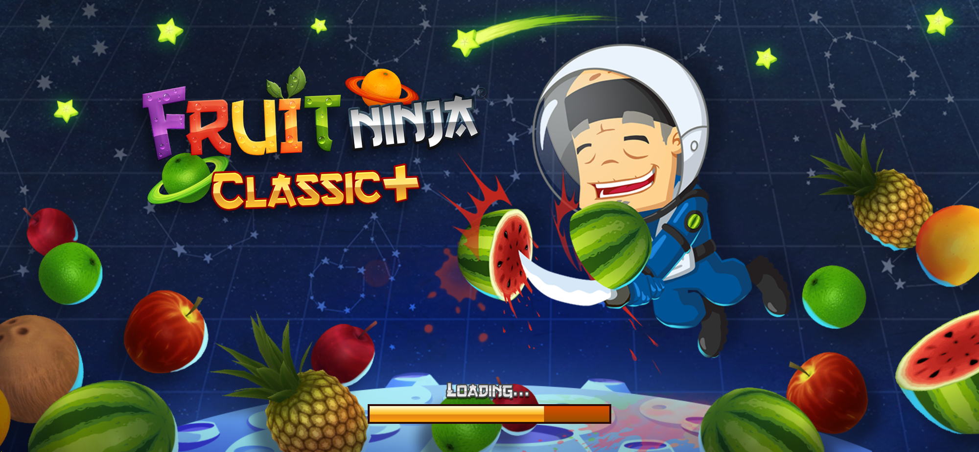 Fruit Ninja Classic+ Cosmic Event loading screen.
