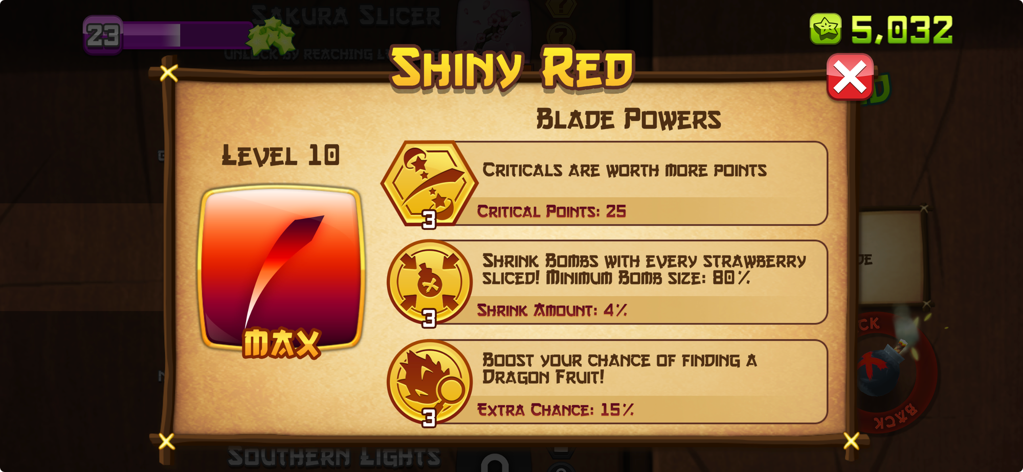 A Level 10 (fully upgraded) Shiny Red Blade in Fruit Ninja Classic.