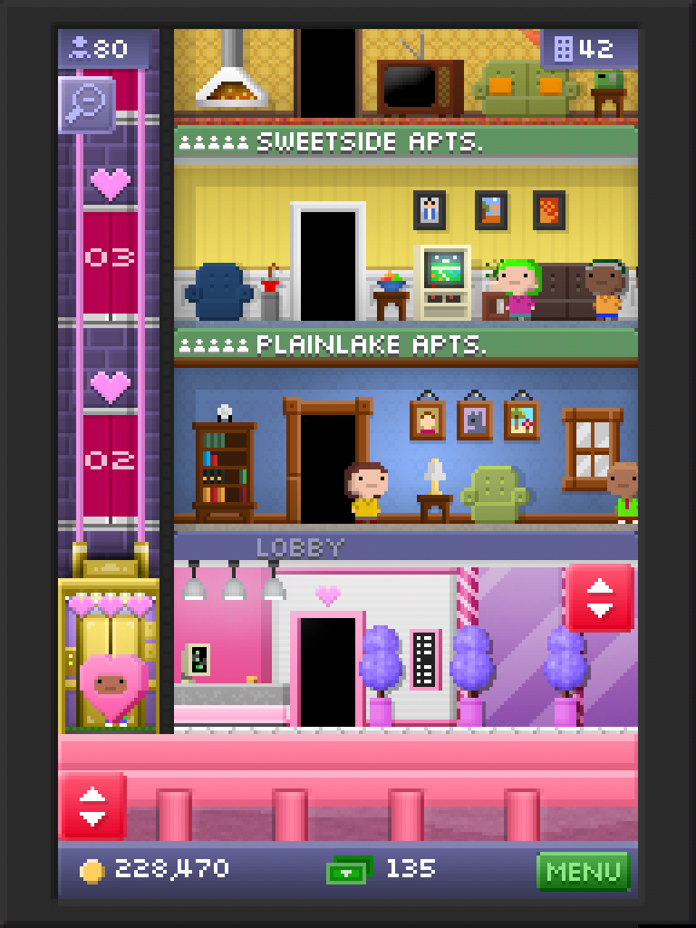 A screenshot of Tiny Tower during the Valentine's Day 2013 update. The lobby and elevator shaft are purple and pink, the elevator has three hearts adorned on the top, and the metal columns holding the tower and the dirt are also pink.