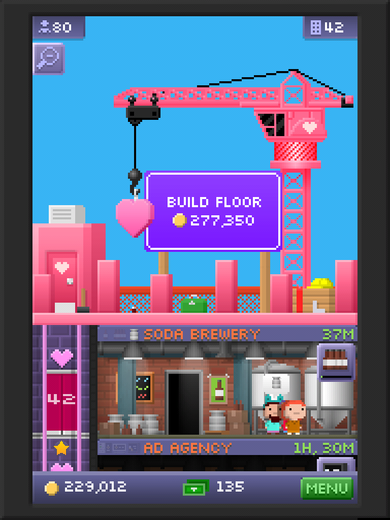 The roof of Tiny Tower during the Valentine's Day 2013 update. All parts that were grey are now pink, the crane is pink with a little heart and it is holding a larger heart, and the Build Floor button is purple.