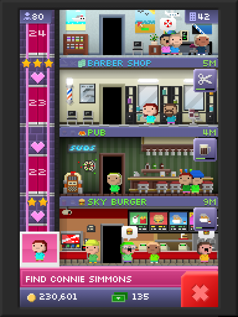 The finder mission pop-up for Tiny Tower with a pink tint to it for the Valentine's Day 2013 update.