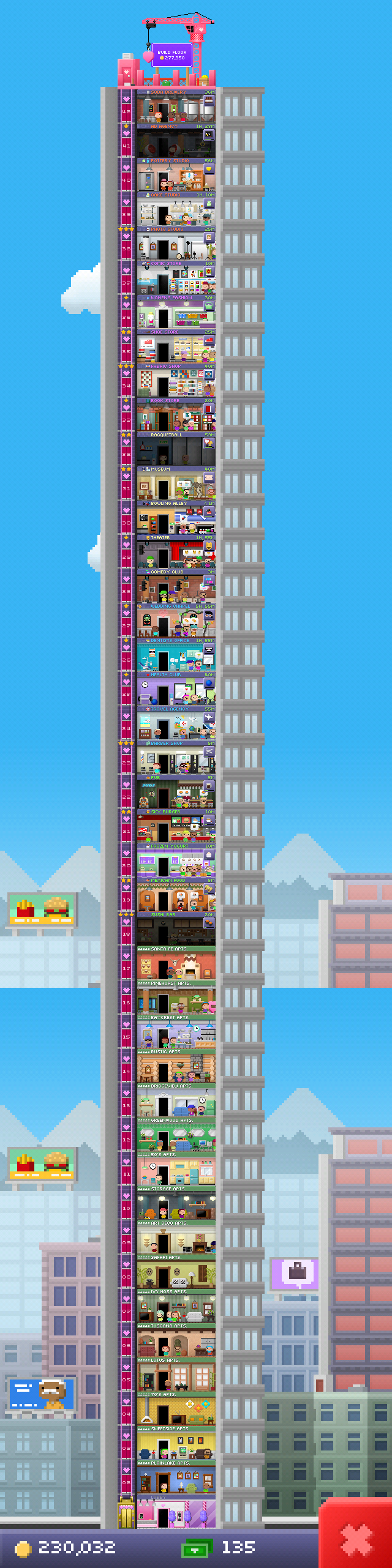 My current tower in Tiny Tower version 2.1.5 with 42 floors.