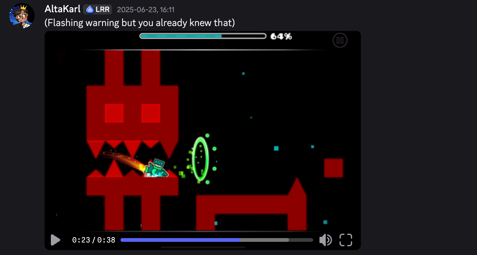 A message dating to June 23, 2025, at 16:11 AST, showing my first recording of my level, Code Red.