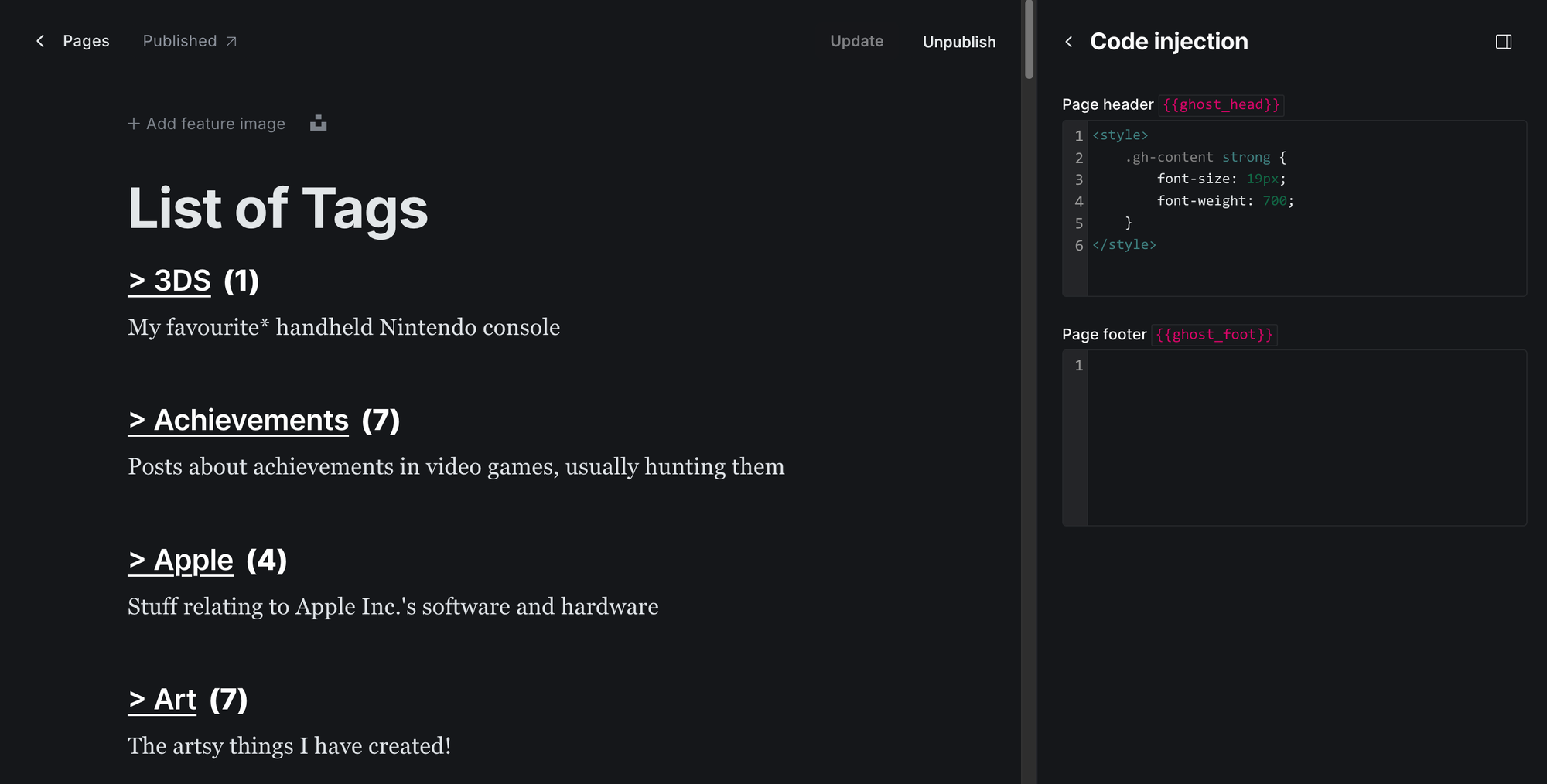 Editor view of the tags page of the site, featuring some code injection to make specific text smaller.