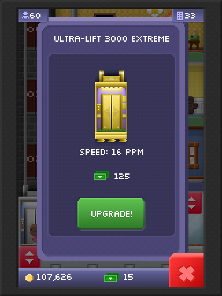 A screen to buy the Ultra-Lift 3000 Extreme, the fastest elevator at the time in Tiny Tower.