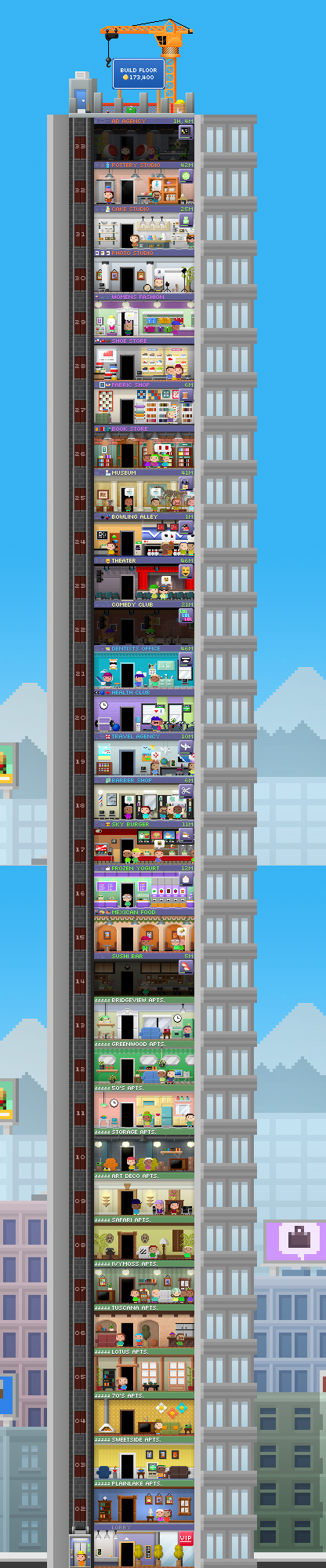 My current tower in Tiny Tower version 1.0 with 33 floors.