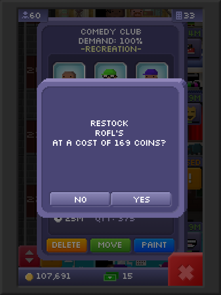 The Comedy Club floor in Tiny Tower. A pop-up reads "Restock ROFL's at a cost of 169 coins?".