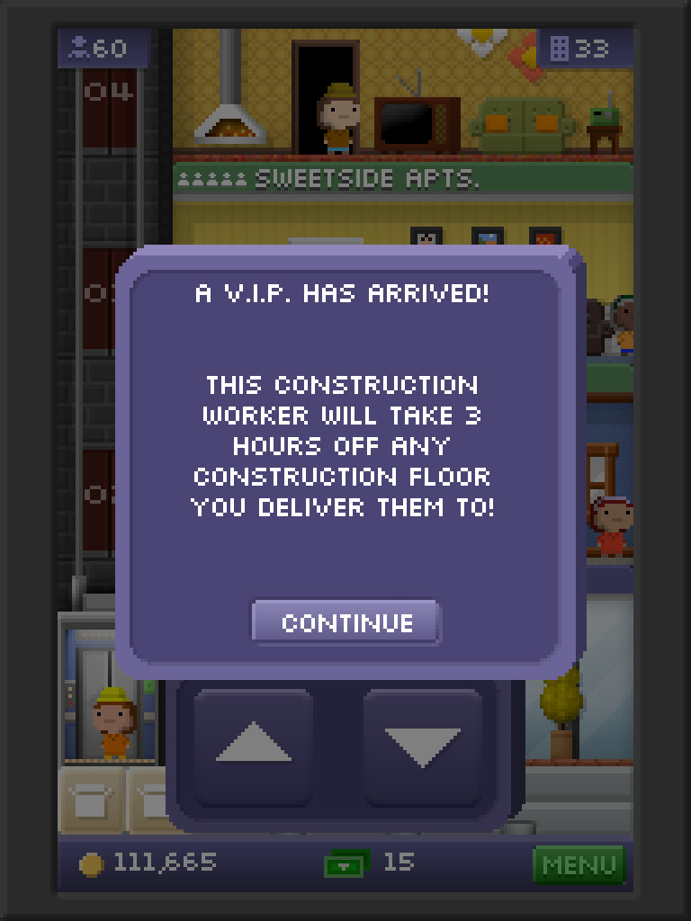 A construction worker VIP in an elevator in Tiny Tower. A pop-up reads "This construction worker will take 3 hours off any construction floor you deliver them to!" 