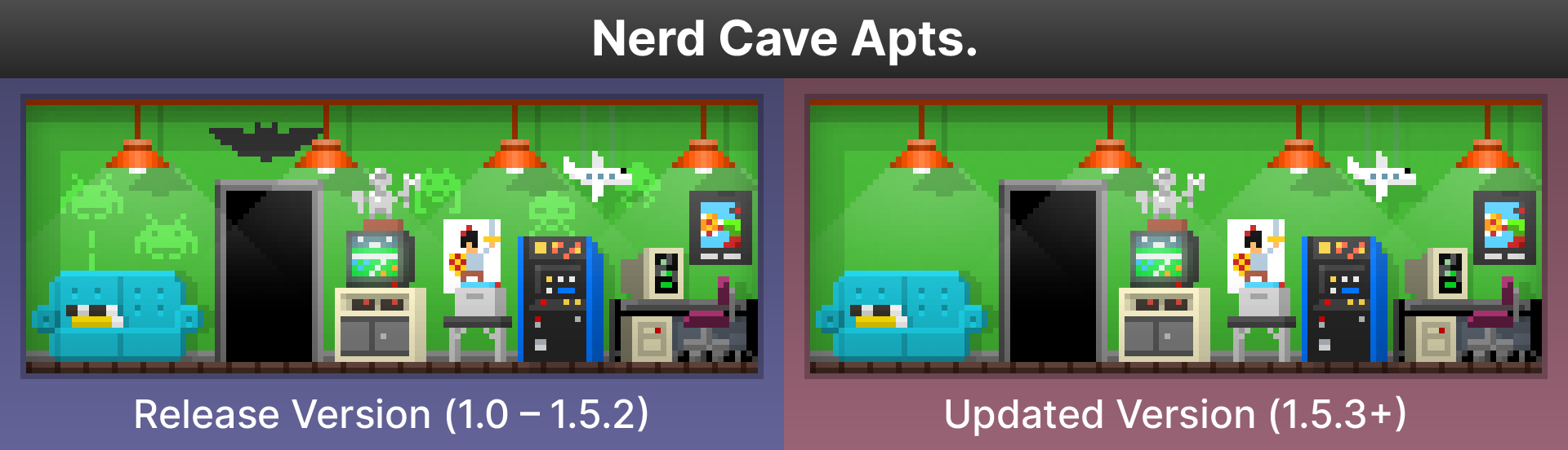 The original and newer versions of the Nerd Cave Apts. in Tiny Tower. The Space Invaders in the wallpaper and the Batman logo above the door are gone.