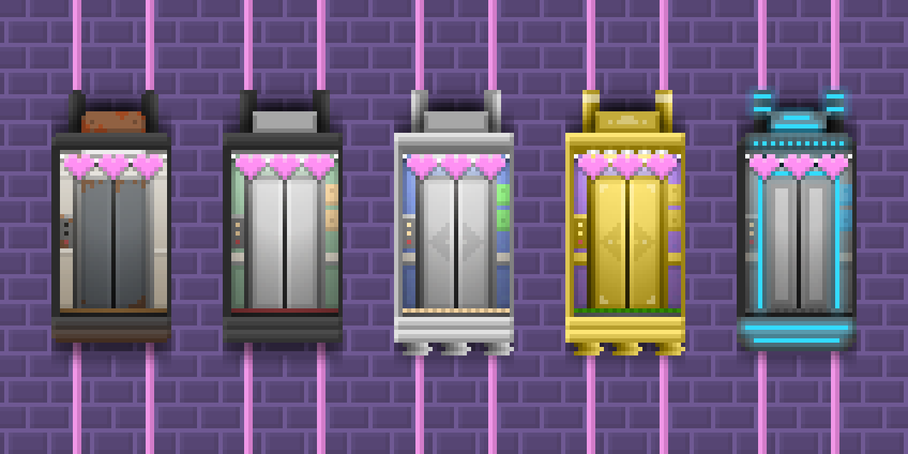 The Valentine's Day versions of the original five elevators in Tiny Tower. All have three hearts adorning their top.
