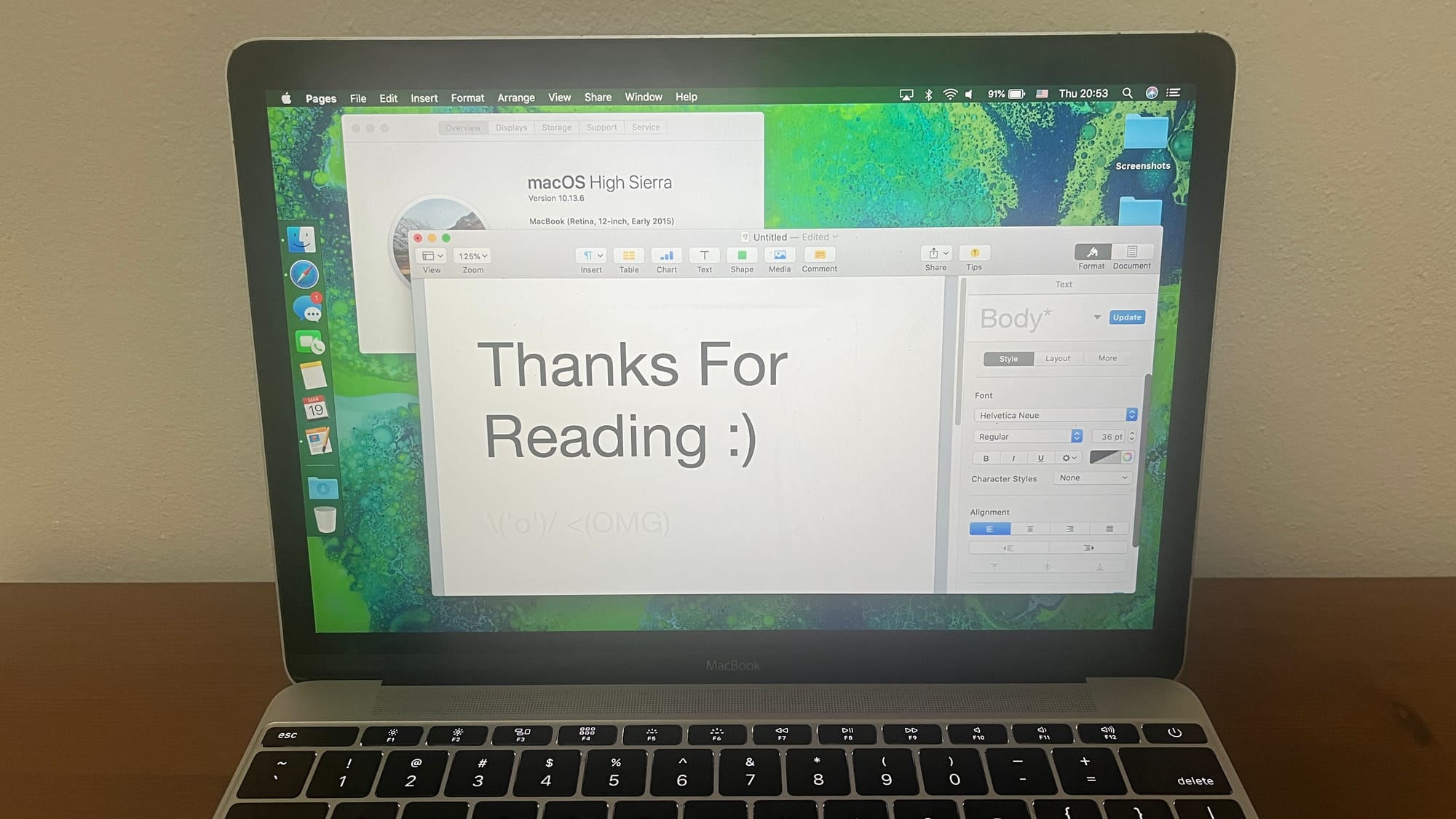 Text in Pages on the 12-inch MacBook saying "Thanks For Reading :)".