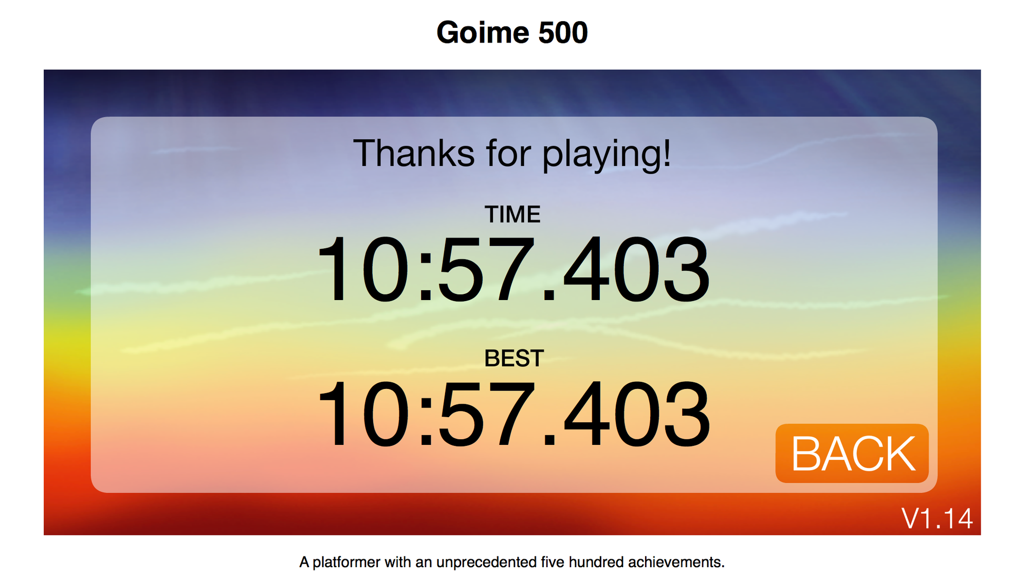A screenshot of my record in Goime 500 on the 12-inch MacBook. 10:57.403.