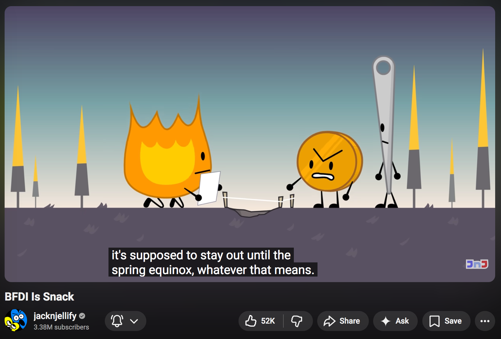 A screenshot of BFDI Is Snack. Coiny is saying that "[something] is supposed to stay out until the Spring Equinox".