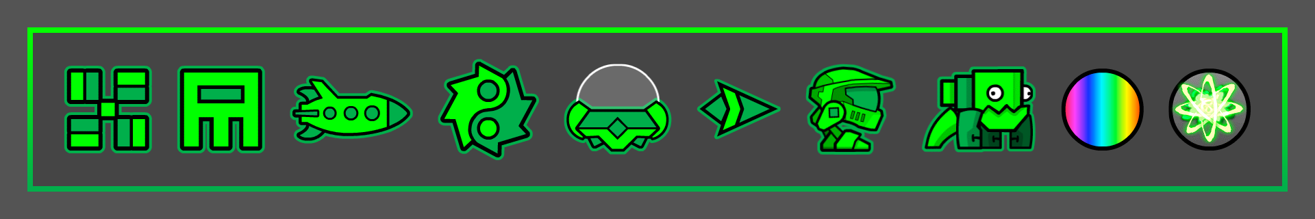 AltaKarl's first Geometry Dash icon set. It uses light green and dark green.
