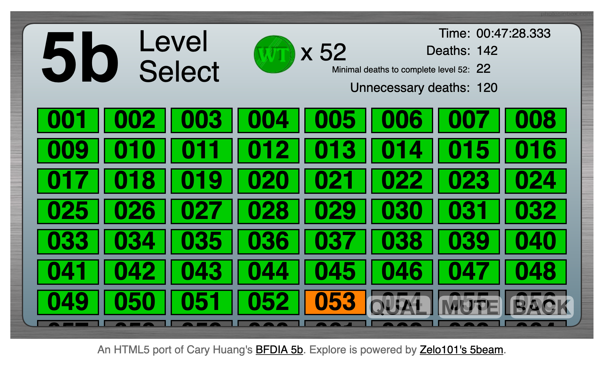 A completed menu of BFDIA 5b, beaten with a time of 47:28.333
