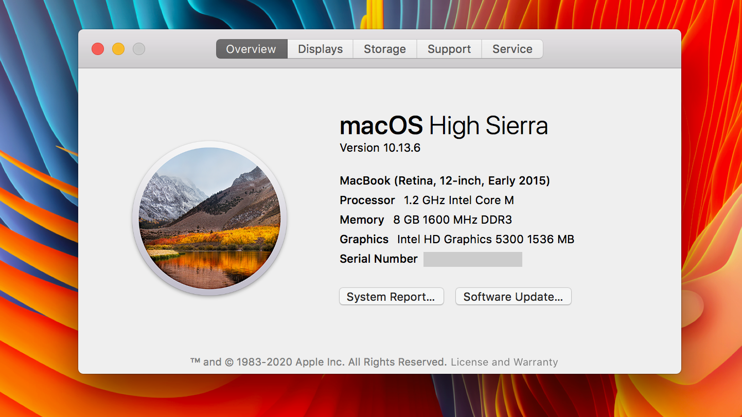 A screenshot of the Overview of my 12-inch MacBook. It's from Early 2015, has 8 GB of Memory, and is running macOS High Sierra.