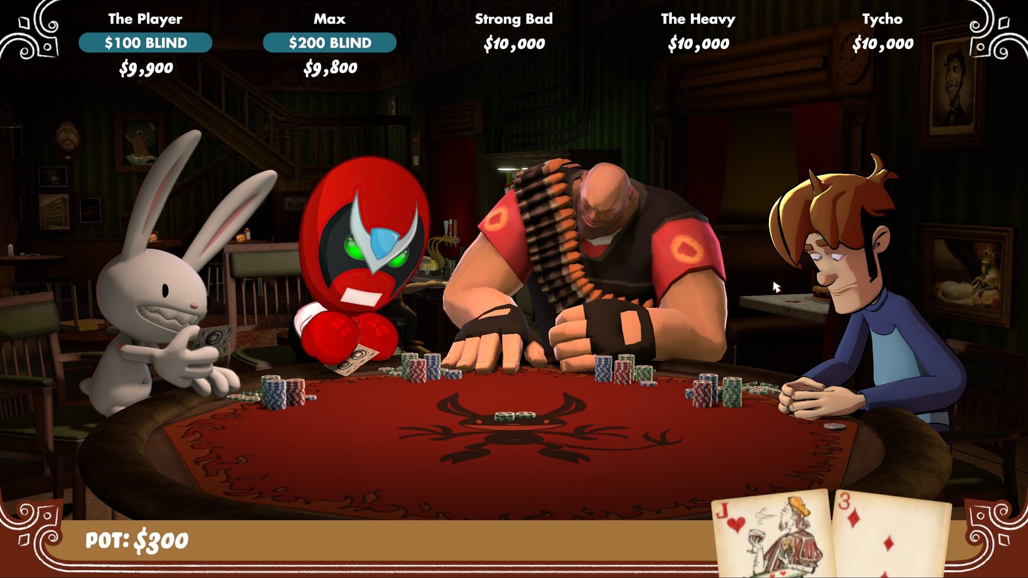 The start of a game of Poker Night at the Inventory. Max, Strong Bad, The Heavy, and Tycho are all looking at the cards they were dealt.