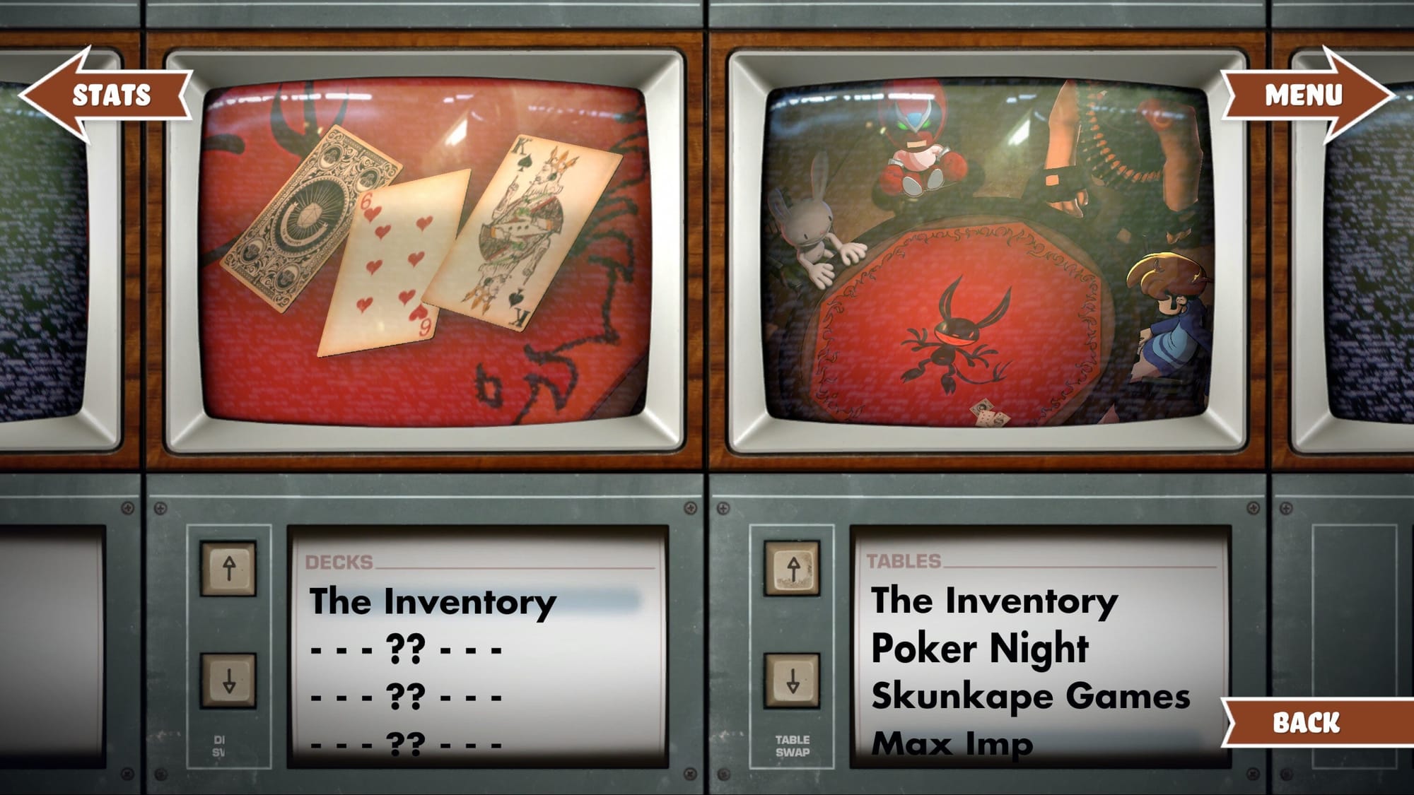 The first deck and first four tables of Poker Night at the Inventory (remastered) in the unlockable selection screen.